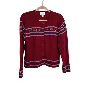 Christopher & Banks Hand Embroidered Cardigan Sweater Size L Burgundy Red Blue